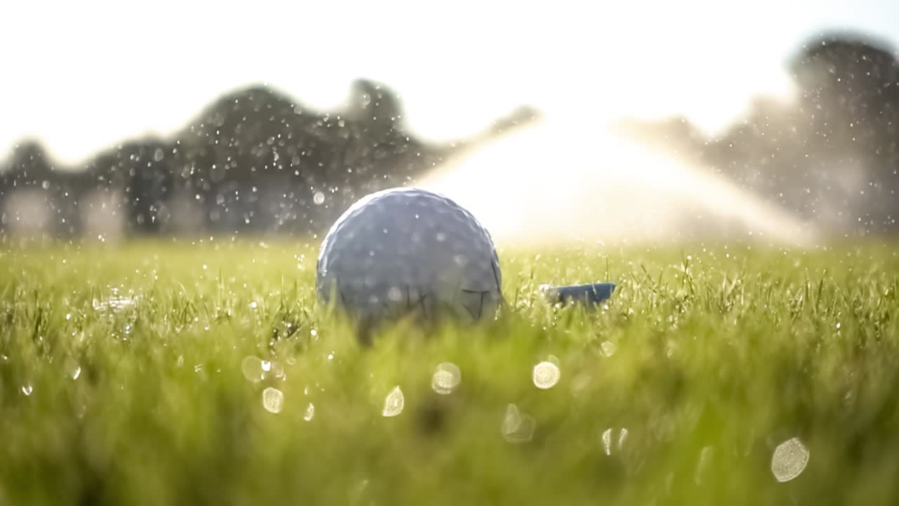 실패한 골프 클럽은 슈퍼 슬로우 모션으로 골프 공을 때립니다. 아침 이슬의 방울과 풀 입자가 충돌 후 공중에 올라갑니다.