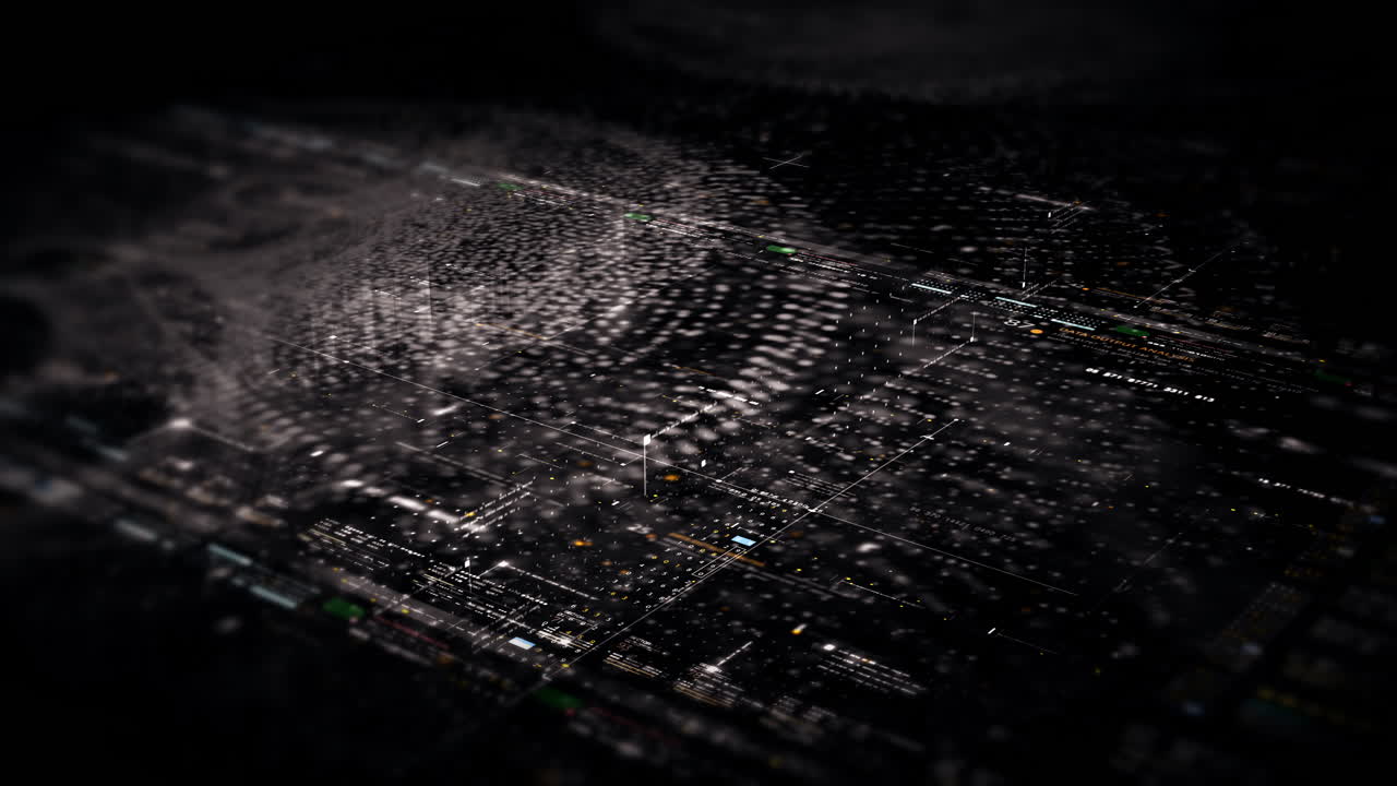 Futuristic abstract de-focus flowing data matrix, meta, metaverse, telemetry and encrypt numbers display with particles simulation in cyber space environment for head up display background