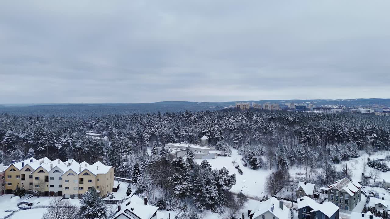 리투아니아 빌뉴스의 콘도와 블록 빌딩 주변에 눈 인 숲이 여 있습니다.
