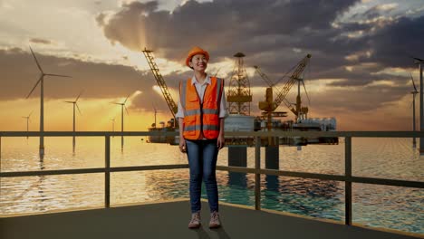 ingeniera en una plataforma de hidrógeno en alta mar al atardecer
