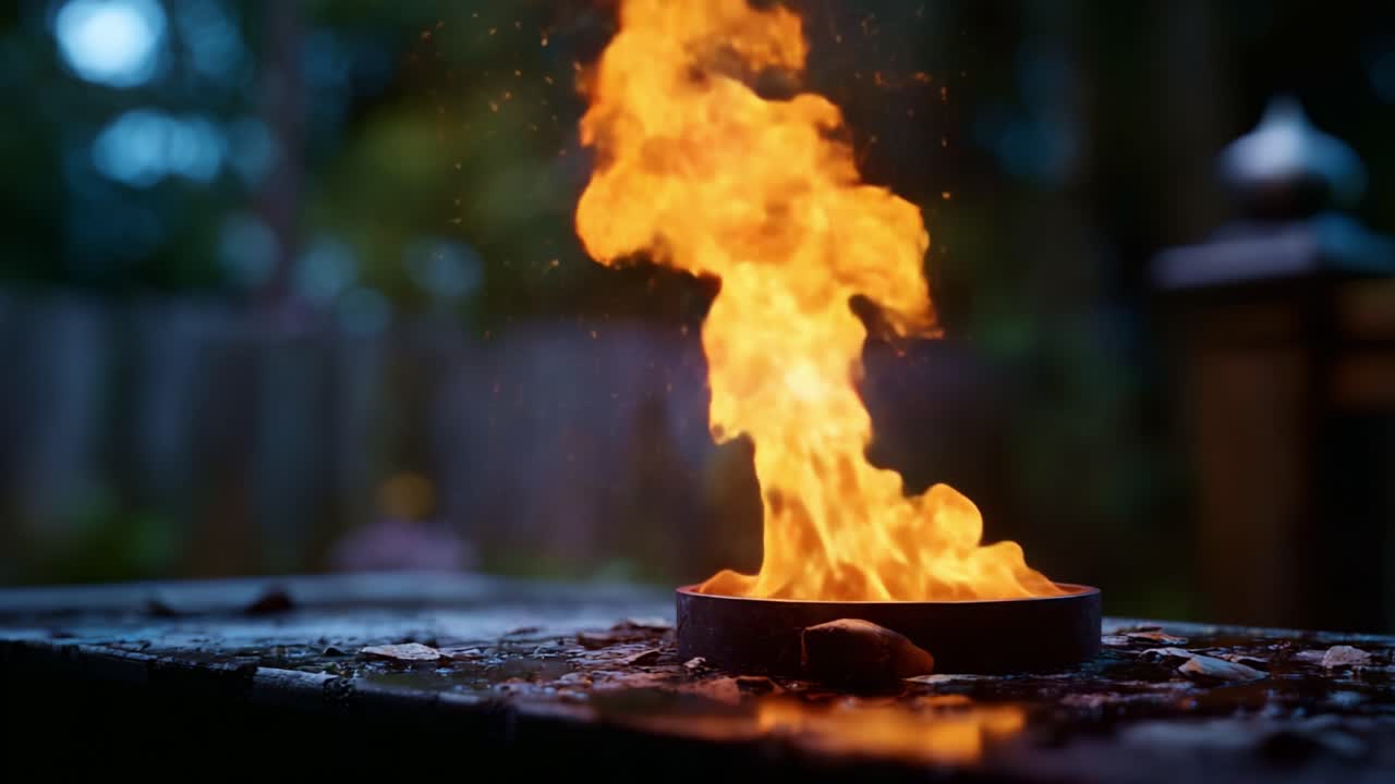 Captivating Flames Dance in a Circular Bowl, Illuminating a Dimly Lit Outdoor Setting with Sparks and Flickering Light Amidst Nature's Tranquil Background