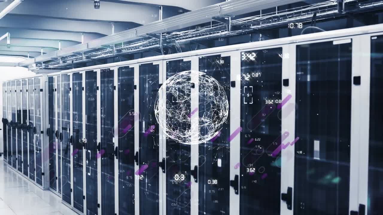 Animation of globe and purple light trails, data processing over computer servers