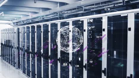 animación del globo y los senderos de luz púrpura, procesamiento de datos a través de servidores informáticos