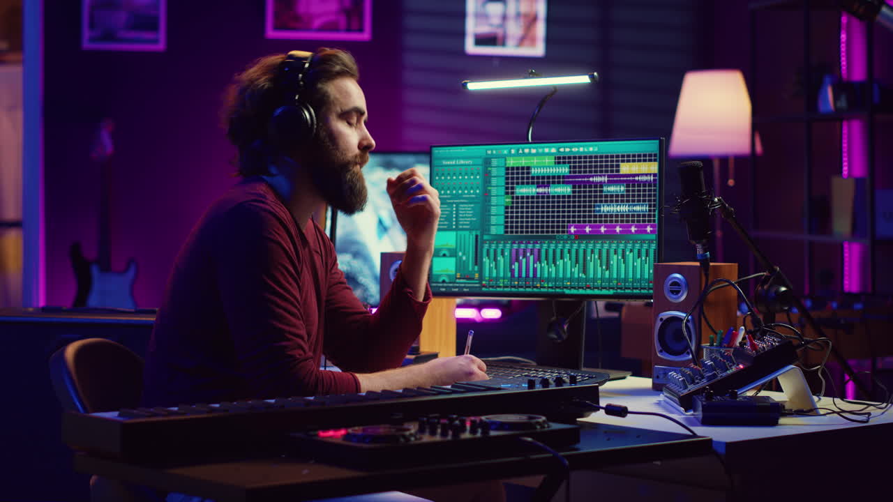 artista tomando notas componiendo una nueva canción en su estudio en casa
