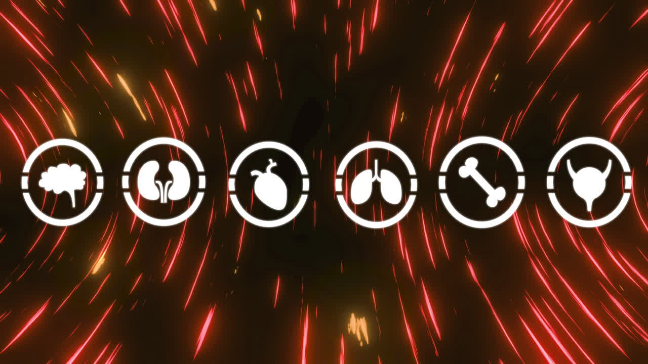 animación de iconos médicos sobre senderos de luz roja sobre fondo negro