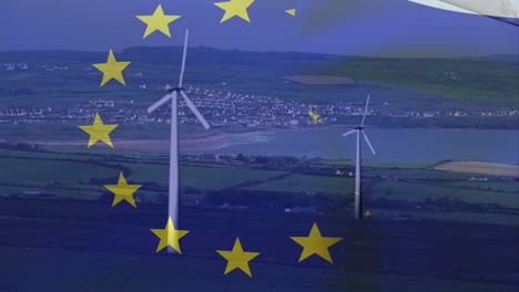 animation of european union flag over rotating wind turbines in field