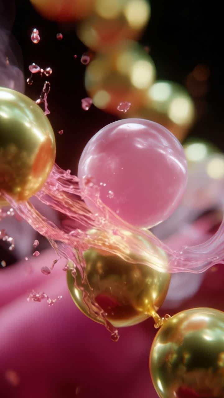 Primo piano di bolle colorate e movimento fluido, che mostra un'interazione dinamica tra sfere vibranti ed elementi liquidi in una composizione astratta accattivante