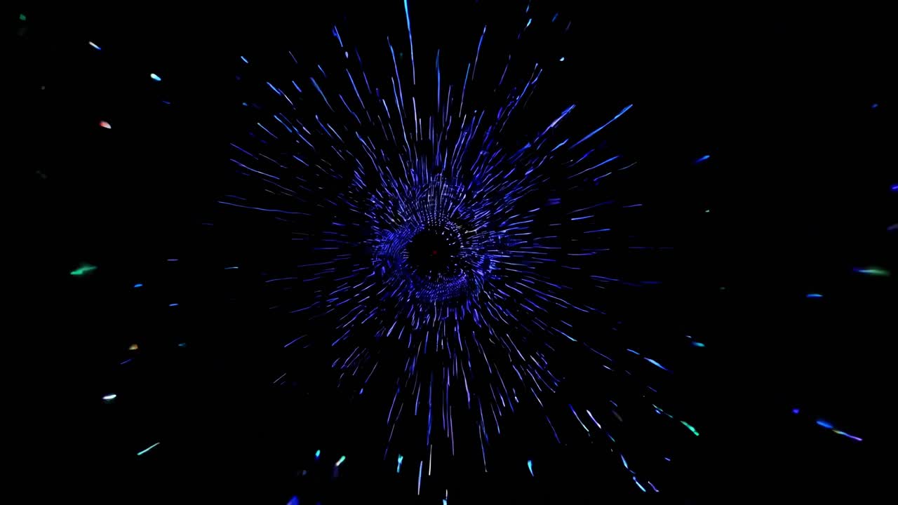 Colorful streaks of light emanate from a central point and converge into a swirling vortex, simulating quantum energy, hyperspace travel, or a wormhole
