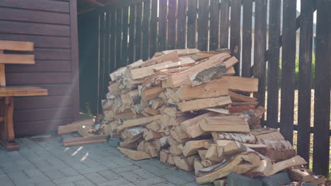 stacked birch logs arranged neatly against dark wooden fence on paved ground with sunlight filtering through trees creating warm rustic ambiance for outdoor woodpile scene by cottage