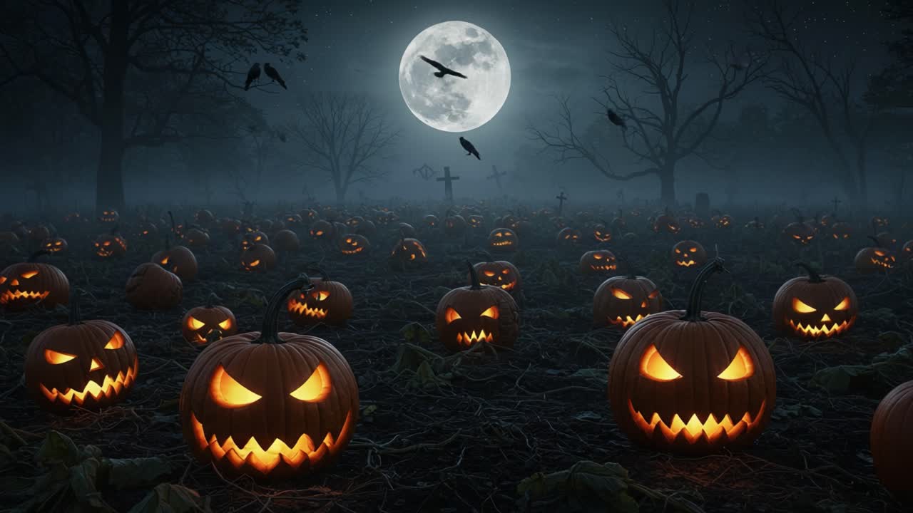 A Spooky Halloween Night: A Graveyard Filled with Glowing Jack-o'-Lanterns under a Full Moon Surrounded by Crows and Barren Trees