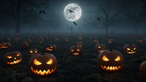 a spooky halloween night: a graveyard filled with glowing jack-o'-lanterns under a full moon surrounded by crows and barren trees