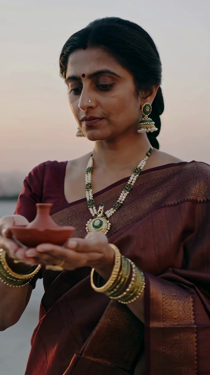 Video verticale: Donna in sari che tiene una diya, girando a sinistra su un tetto al tramonto con braccialetti per la preghiera