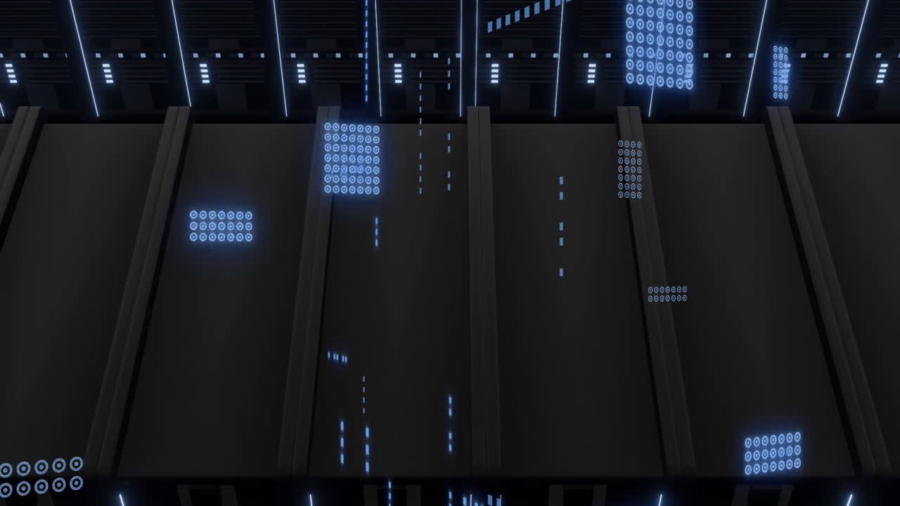 Animation of digital data processing and circuit board over computer servers
