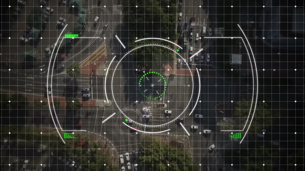 거리에서 움직이는 차량의 공중 시야에 대한 격자 패턴에 대한 원의 애니메이션