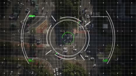 Animation of circles over grid pattern against aerial view of moving vehicles on street