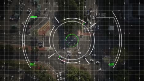 animation of circles over grid pattern against aerial view of moving vehicles on street