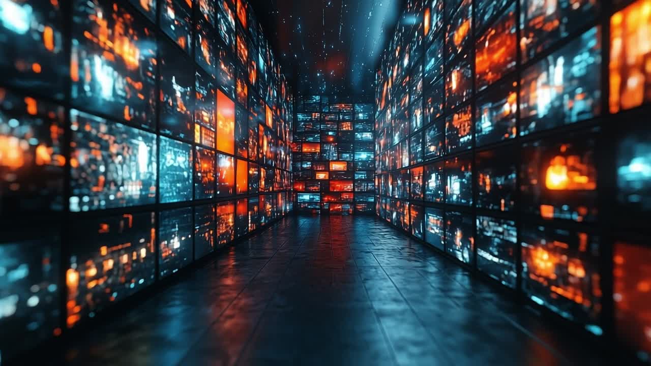 Glowing screen digital corridor. A corridor filled with colorful, illuminated screen panels creates a vibrant, futuristic atmosphere at night.