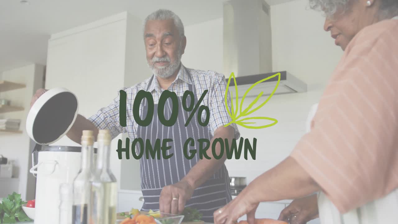 animazione di testo cresciuto in casa su una coppia di anziani afroamericani che prepara il cibo in cucina