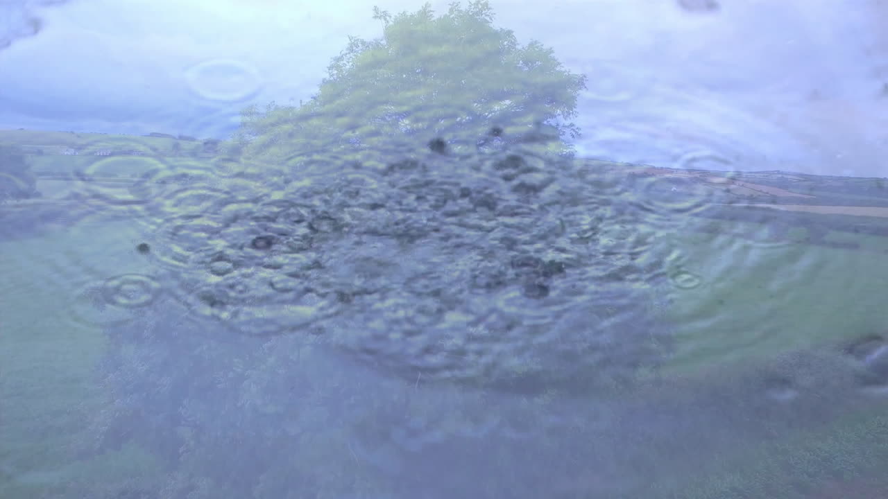 Animation of ripples forming on water with blurred landscape underneath