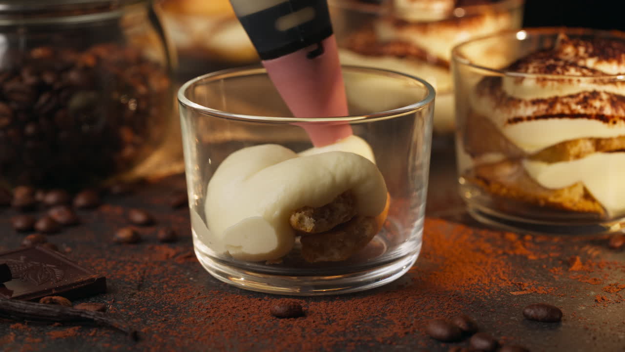Person preparing tiramisu cake in layers in a glass. Close up