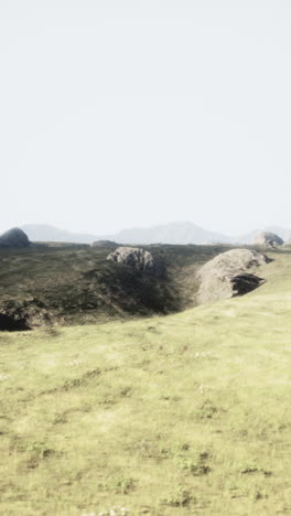 serene grassland landscape with rolling hills and rocks