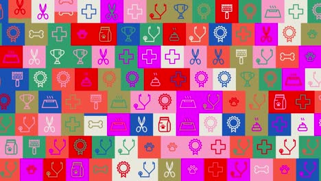 día nacional de las mascotas. fondo. patrón sin costuras. animación de mosaico de bucle. pancarta o telón de fondo con iconos, logotipos o ilustraciones multicolores que parpadean