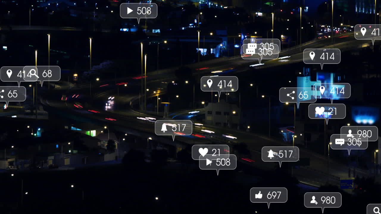 Animation of social media icons with growing numbers over cars on street