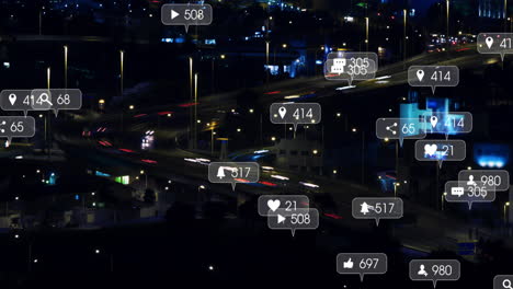 animación de iconos de las redes sociales con un número creciente sobre los coches en la calle