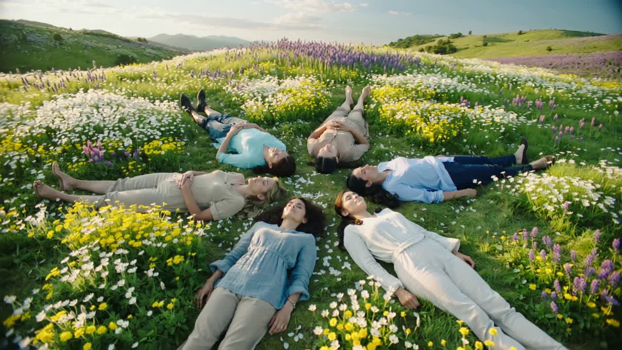야생화 초원에 누운 친구들이 가벼운 캐주얼 의상을 입고 방사형 원을 만듭니다.