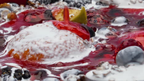 fruits oatmeal sweet jam preparing with fresh yogurt closeup. healthy breakfast.