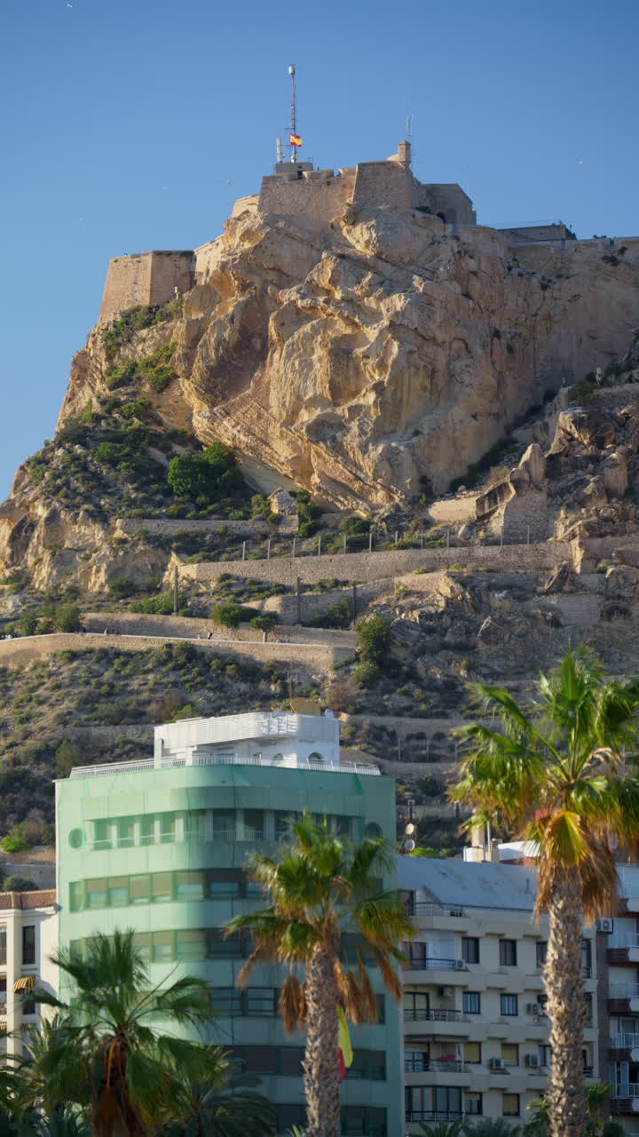 View of Alicante's Santa Barbara Castle on Mount Benacantil, with modern buildings and palm trees. Vertical