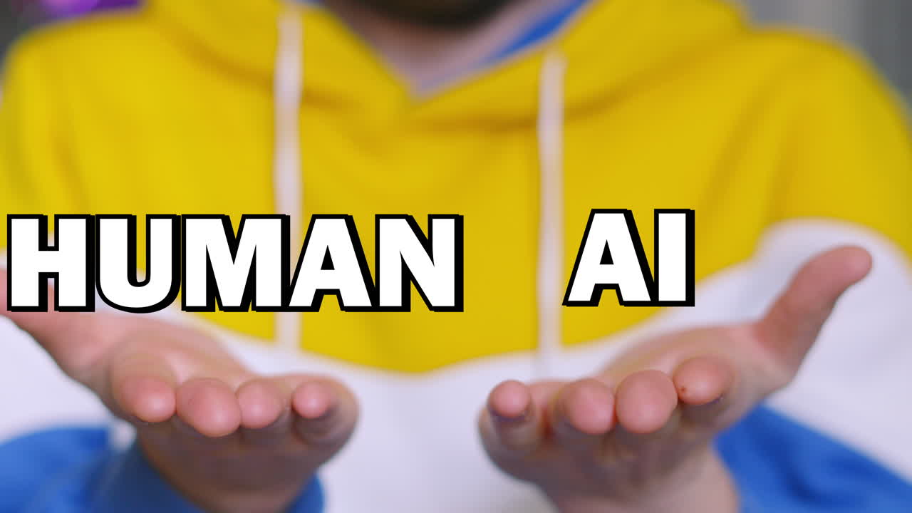HUMAN AI Choice Text Appearing on Male Hands and Tracking with Up and Down Movement. Visual Illustration of Two Options and Weighing Up Decision with Pros and Cons.