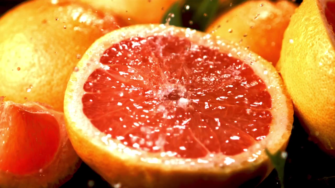 Schizzi d'acqua rinfrescanti su un pompelmo rosso vivace