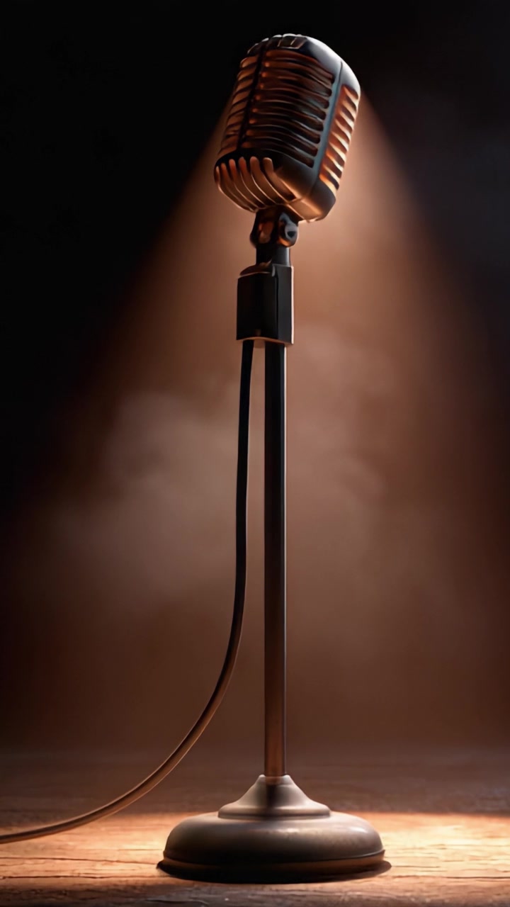 An Elegant Classic Microphone Captured in Two Frames, Bathed in Soft Spotlight, Ready to Amplify Powerful Vocals or Mesmerizing Music