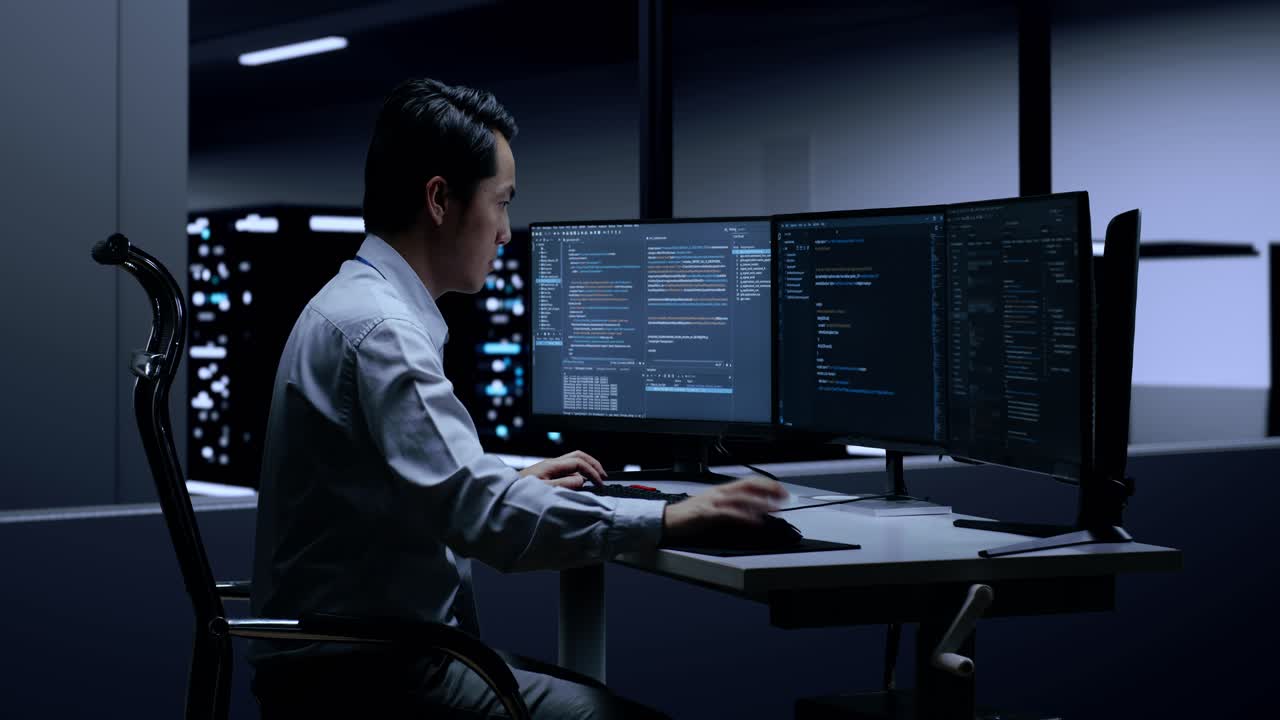 Programmer working late in the data center