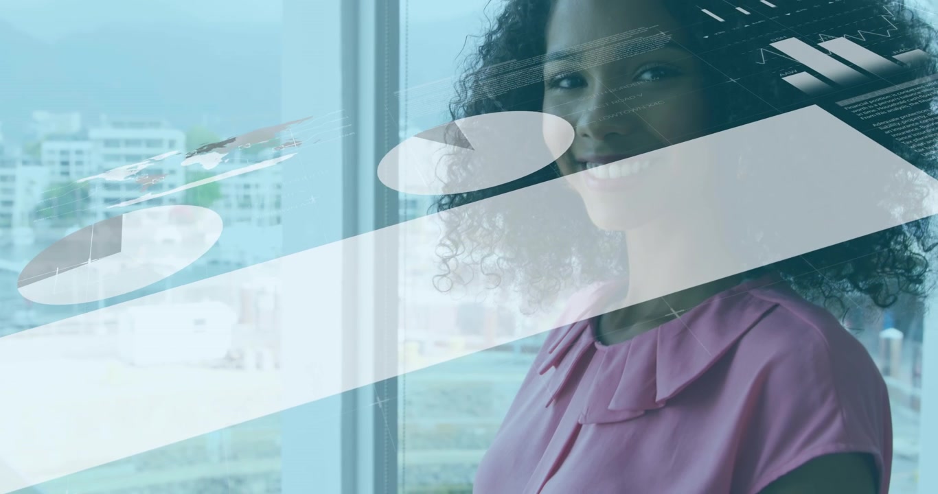 Animation of statistical data processing over happy african american woman using a laptop at office
