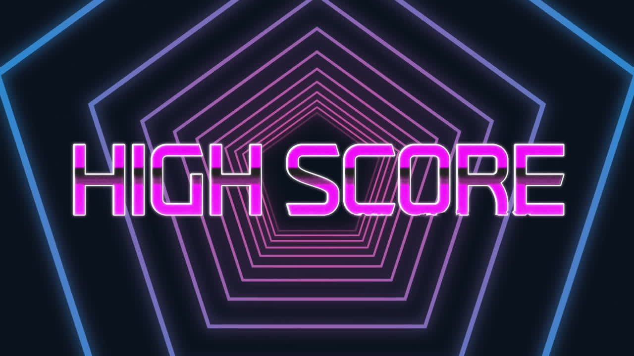 texto de alta puntuación púrpura contra hexágonos azules en movimiento sin fisuras sobre fondo negro