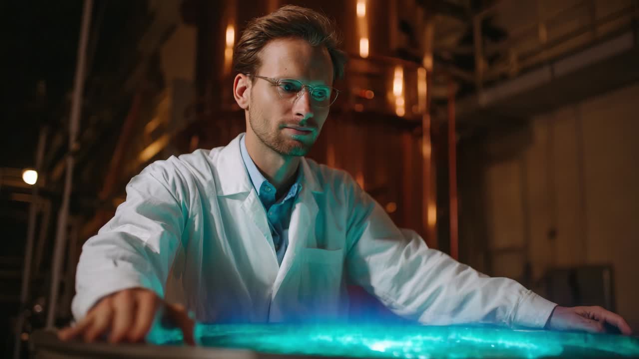 A Scientist Analyzing a Glowing Substance in a Lab Environment, Focusing on Experimentation and Discovery Under Dim Lighting, Highlighting the Innovation and Research Processes in Modern Scientific Endeavors