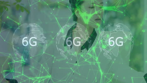 Green network connections and 6G technology animation over person in background