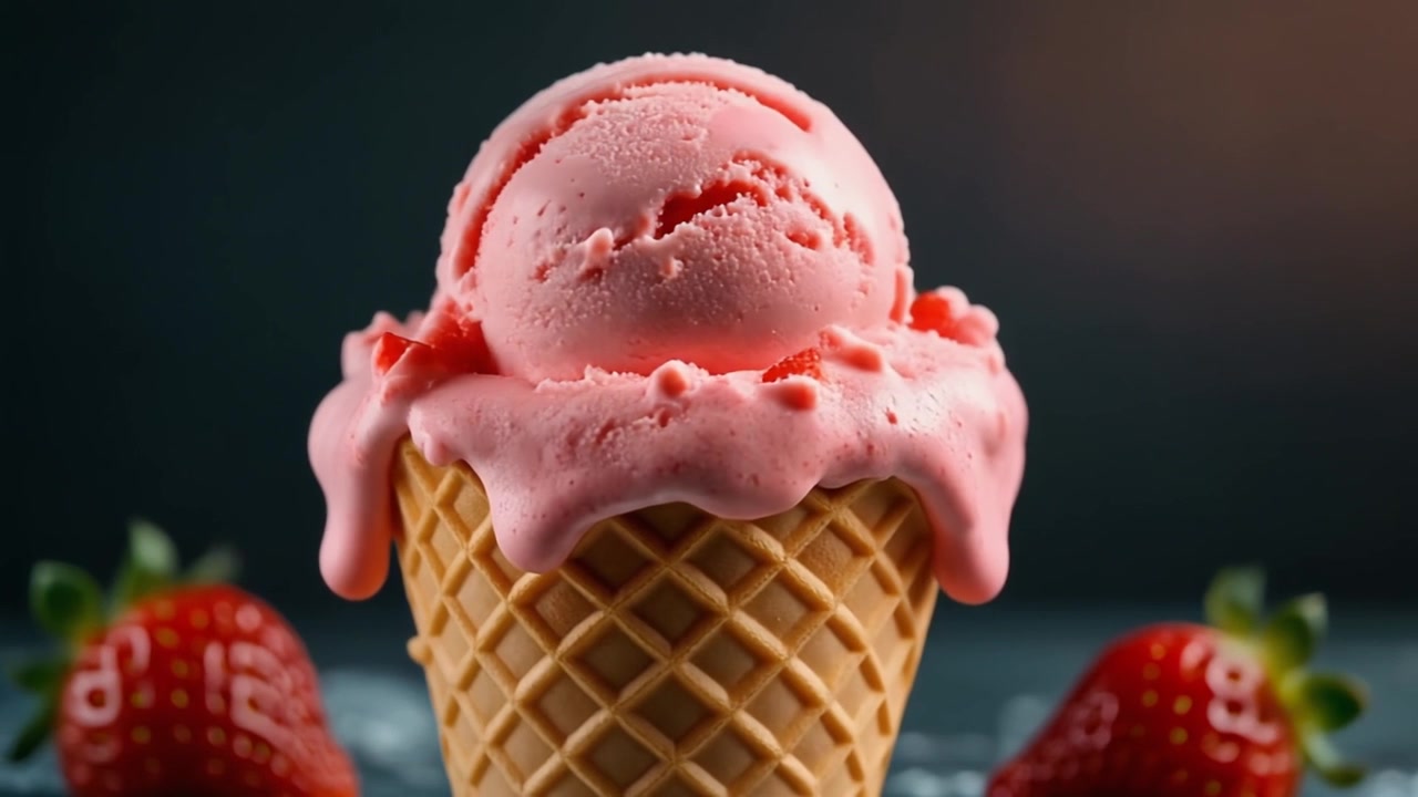Bola de helado de fresa derritiéndose en un cucurucho de galleta