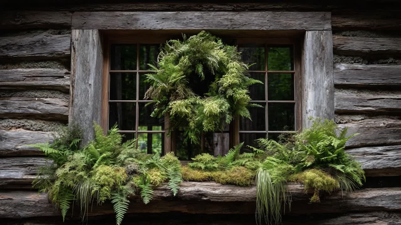 A Serene Moment Captured: An Elegant Window Display Framed by Lush Greenery, Inviting Nature's Peace into a Rustic Cabin Setting