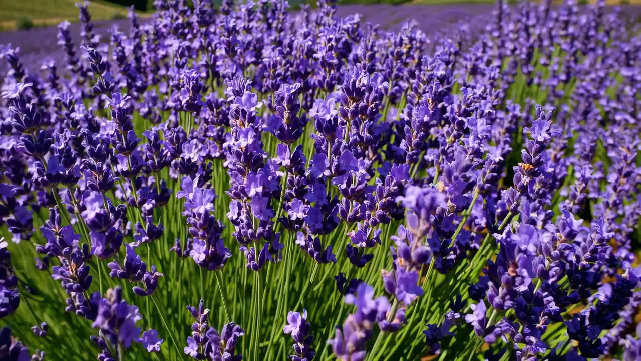 Video in primo piano di un campo di lavanda in fiore, ripreso da un'angolazione bassa, che mostra un viola vibrante.