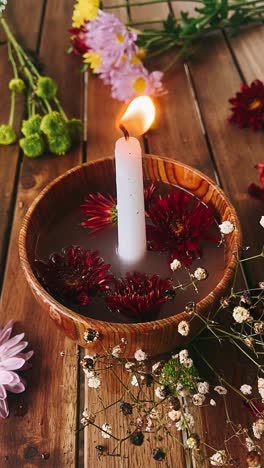 candle and flowers arrangement on wooden table