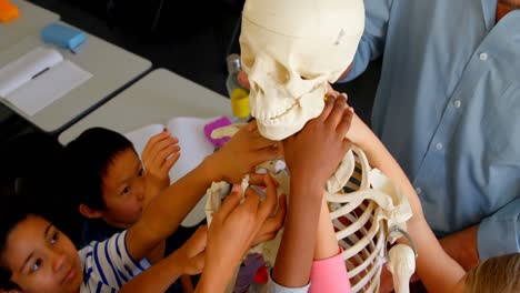 niños de escuela multiétnicos arreglando el modelo de esqueleto en el aula en la escuela 4k