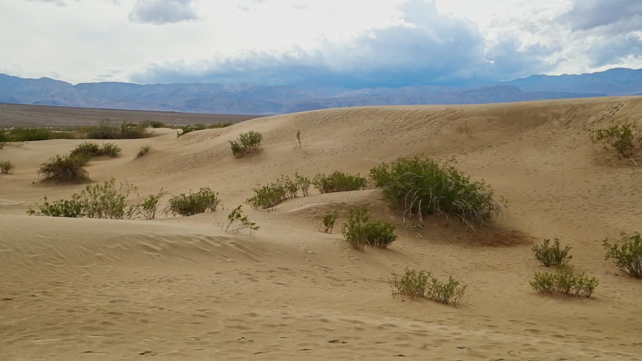 de izquierda a derecha, panorámica lenta de 180 a través de dunas de arena húmeda, con montañas distantes de color pastel