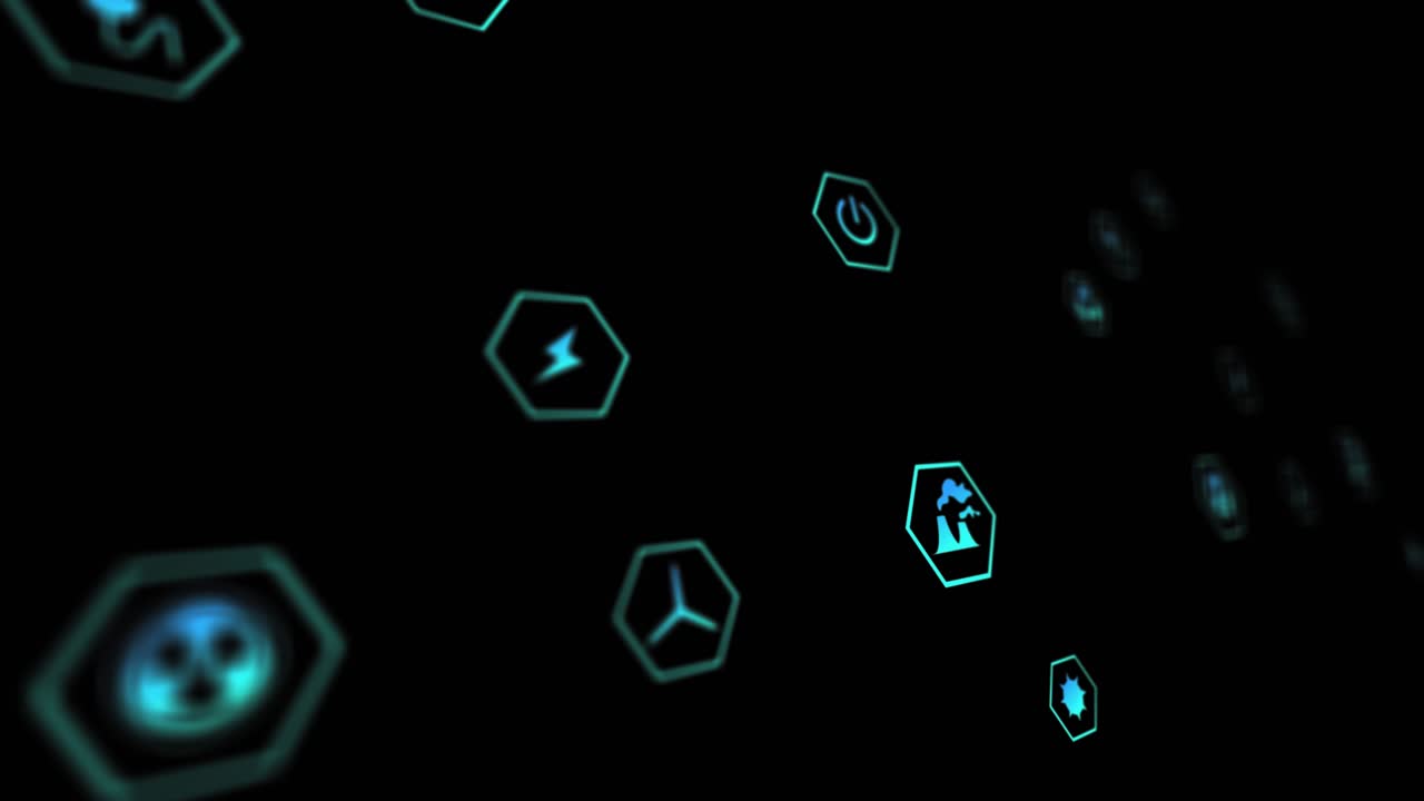 Golden particles emitting at center forming core while cyan icons orbiting creating energy network