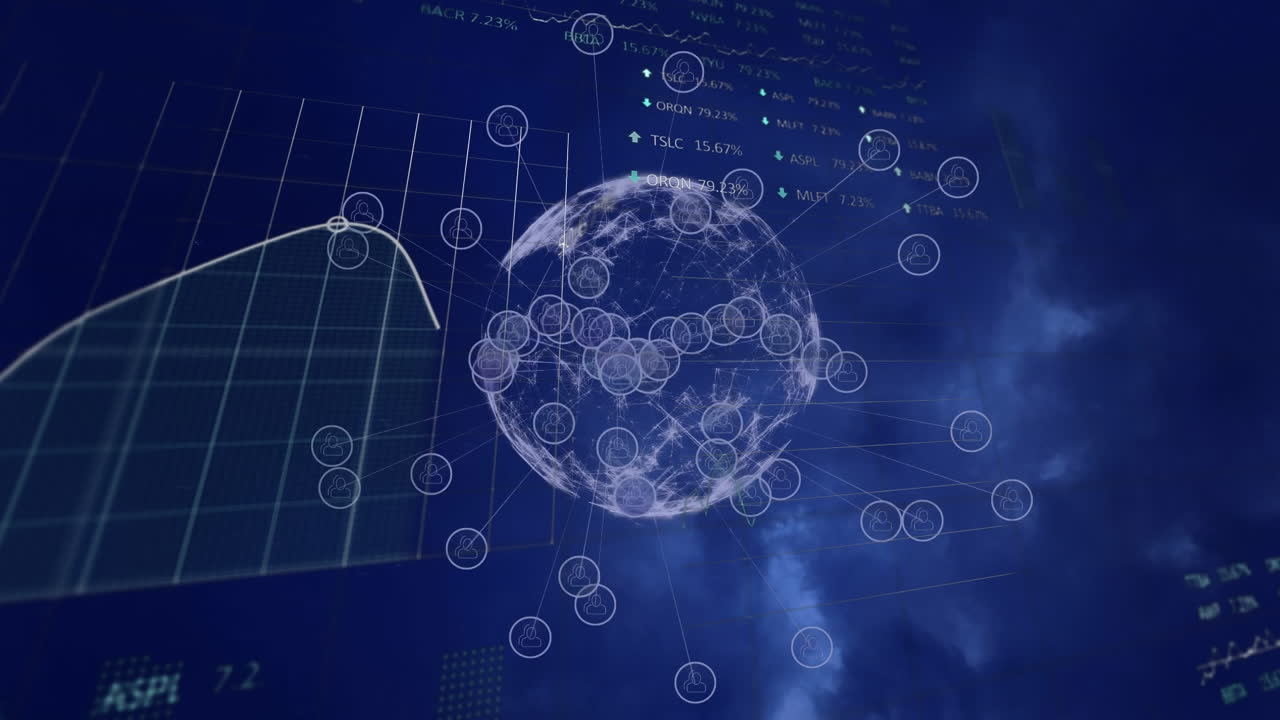 통계, 증권 시장 데이터 처리, 회전하는 지구상의 디지털 아이콘 네트워크의 애니메이션