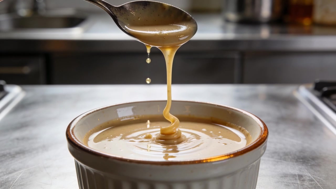 Tilting metal spoon releasing viscous tan sauce to fill ceramic ramekin on metal prep counter, jars