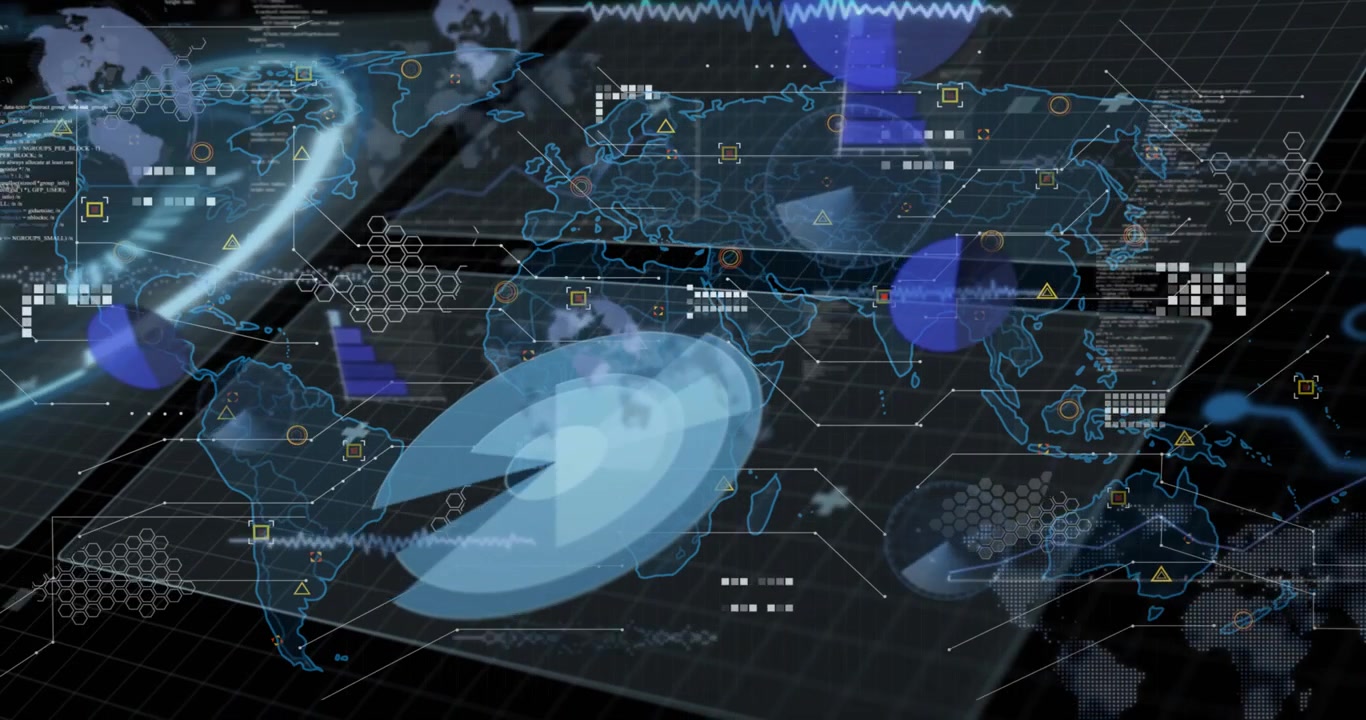 Sliding grid plane starting dashboard animating world map radial chart icons showing network data