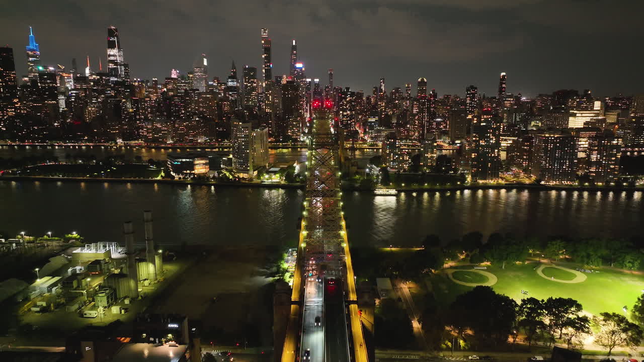 Ed Koch Queensboro Bridge At Night In New York - Drone Shot